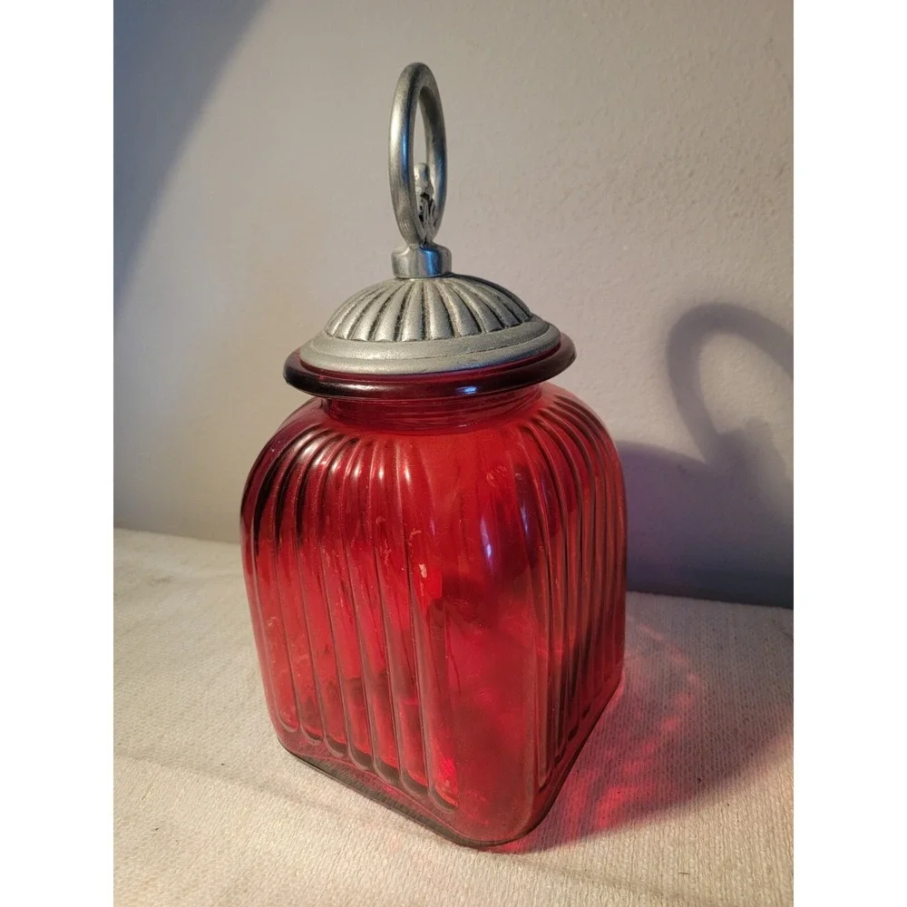Vintage Artland‎ Painted Red Ribbed Glass Kitchen Canister Jar w Lid Large